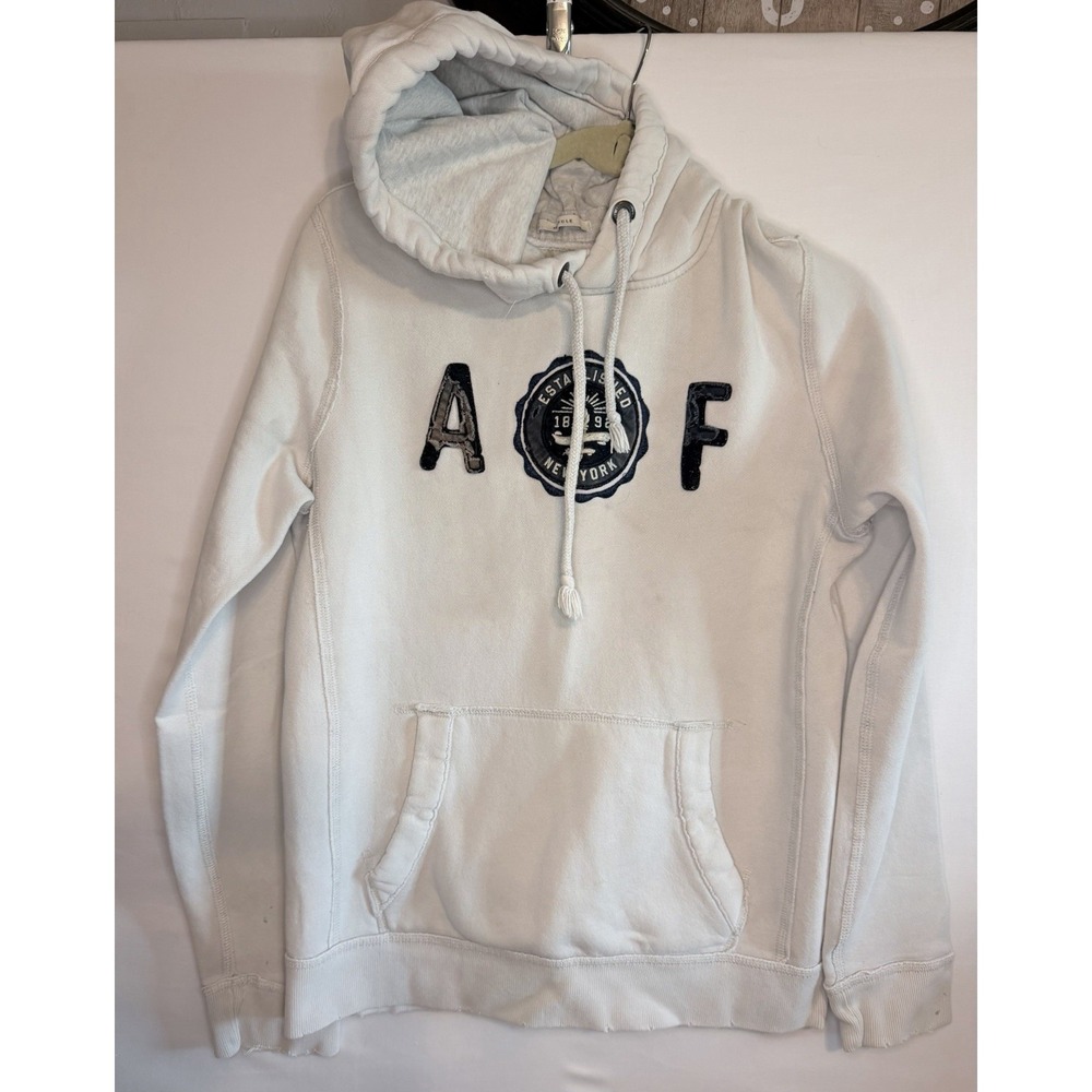 VTG Abercrombie & Fitch Men's White Hoodie Embroidered Logo Fleece Sweatshirt